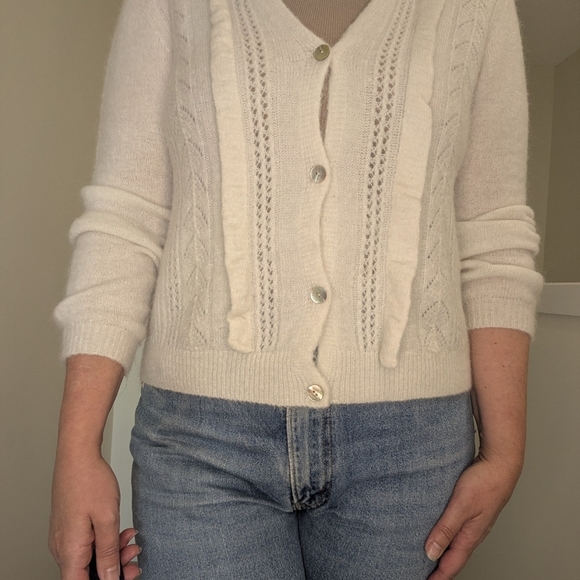 White Mohair V-neck Cardigen with Ruffle Crochet Detail on Front Size Large - Picture 9 of 12